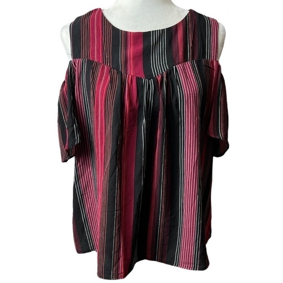 Monteau Striped Cold Shoulder Flutter Sleeve Short Sleeve Top - Picture 2 of 7